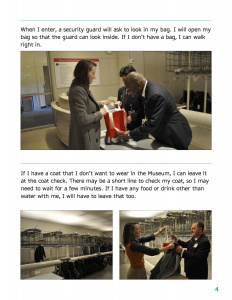Security checks bags of attendee and a woman hands her coat over for coat check