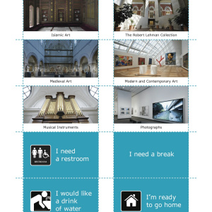 Sample picture cards that include both photos of individual galleries and symbols that address basic needs, such as getting a drink of water or using the restroom