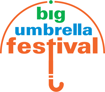 This is an image of the Big Umbrella Festival logo. there is an orange outline of an umbrella and inside the arch of the umbrella the words "big umbrella festival" are in green, blue, and orange text.