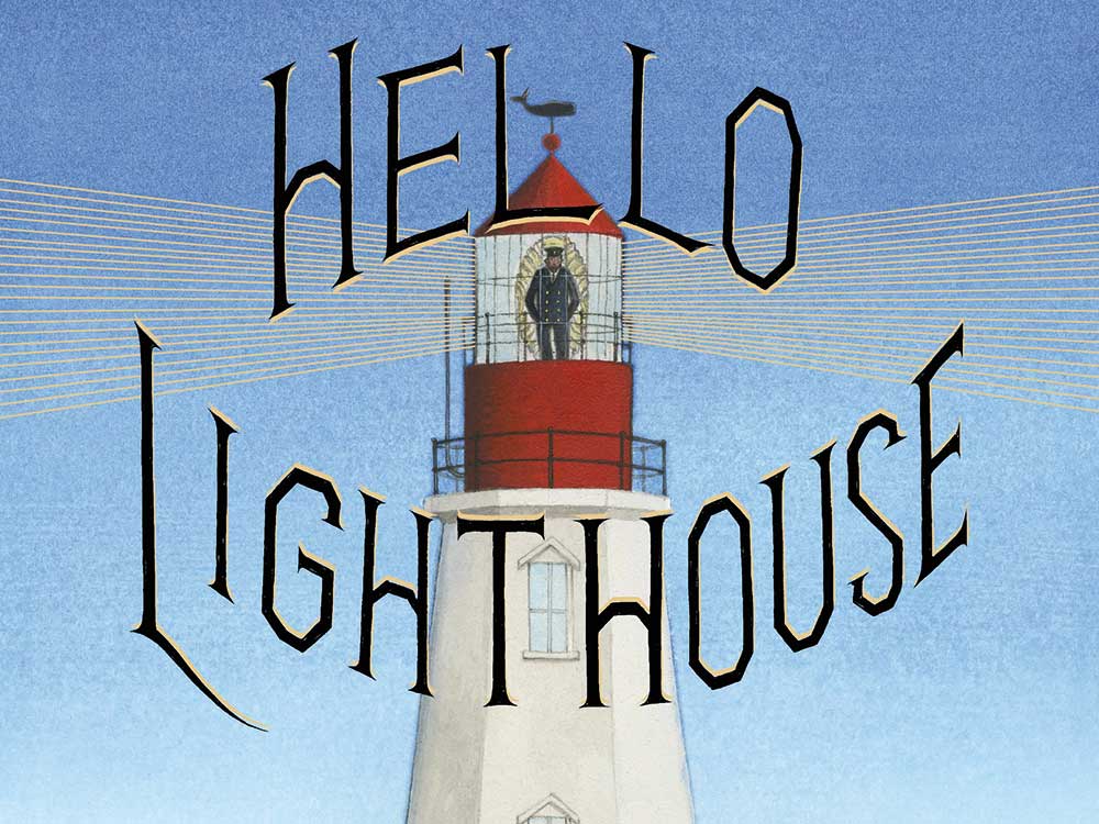 The text "HELLO LIGHTHOUSE" over an image of a white and red lighthouse and blue sky