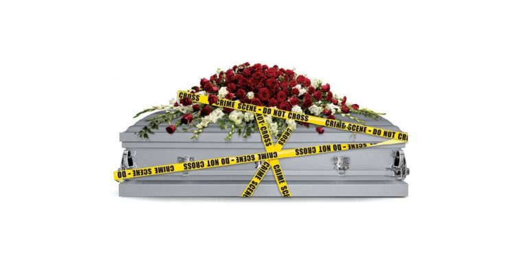 Show art: White casket decorated with large bouquet of red flowers and all wrapped in police caution tape