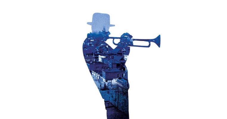 Show art: Silhouette of a man playing trumpet with a view of Detroit filling in his outline