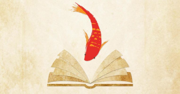 A red fish, seen from above, is swimming into the open pages of a book.