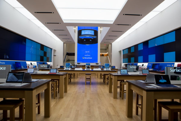 Room full of tablets within Microsoft Store