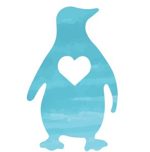 A sky blue silhouette penguin with a white heart in their chest.