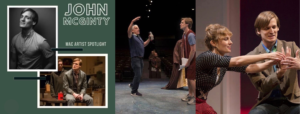 A collage of 4 photos. Photo 1: John stands with his hands in his pockets smiling slightly at the camera. The following 3 photos show John performing on stage in various productions.