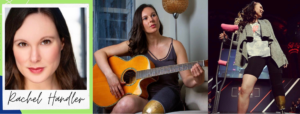 A collage of 3 photos. Photo 1: Rachel wears a royal blue sleeveless dress shirt, with a slight smile. Photo 2: Rachel sits strumming a yellow guitar, gazing to the side. She wears a gray sleeveless shirt and a gold prosthetic leg. Photo 3: Rachel poses at the end of a runway with one hand on her hip and a crutch with pink pads in the other hand. Her gold prosthetic leg glistens, she wears black shorts and a grey sweater over a tie-dye shirt.