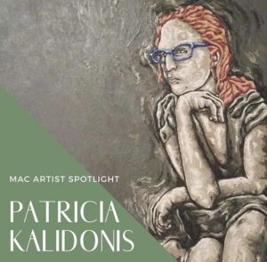 Self-Portrait painting of Artist Patricia Kalidonis in warm grays. With blue glasses and red hair, Patricia rests her chin on her hand, and awkwardly crosses her legs.