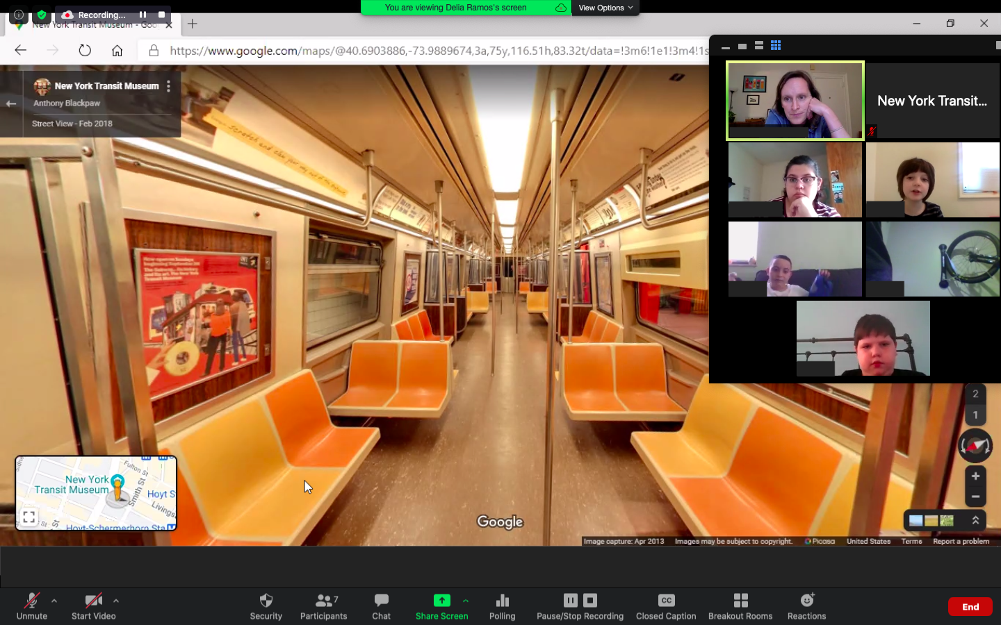 Subway Sleuths teachers and students virtually explore a subway car during a Zoom meeting.