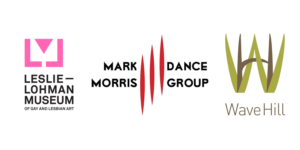 Logos for Leslie-Lohman Museum, Mark Morris Dance Group, and Wave Hill.