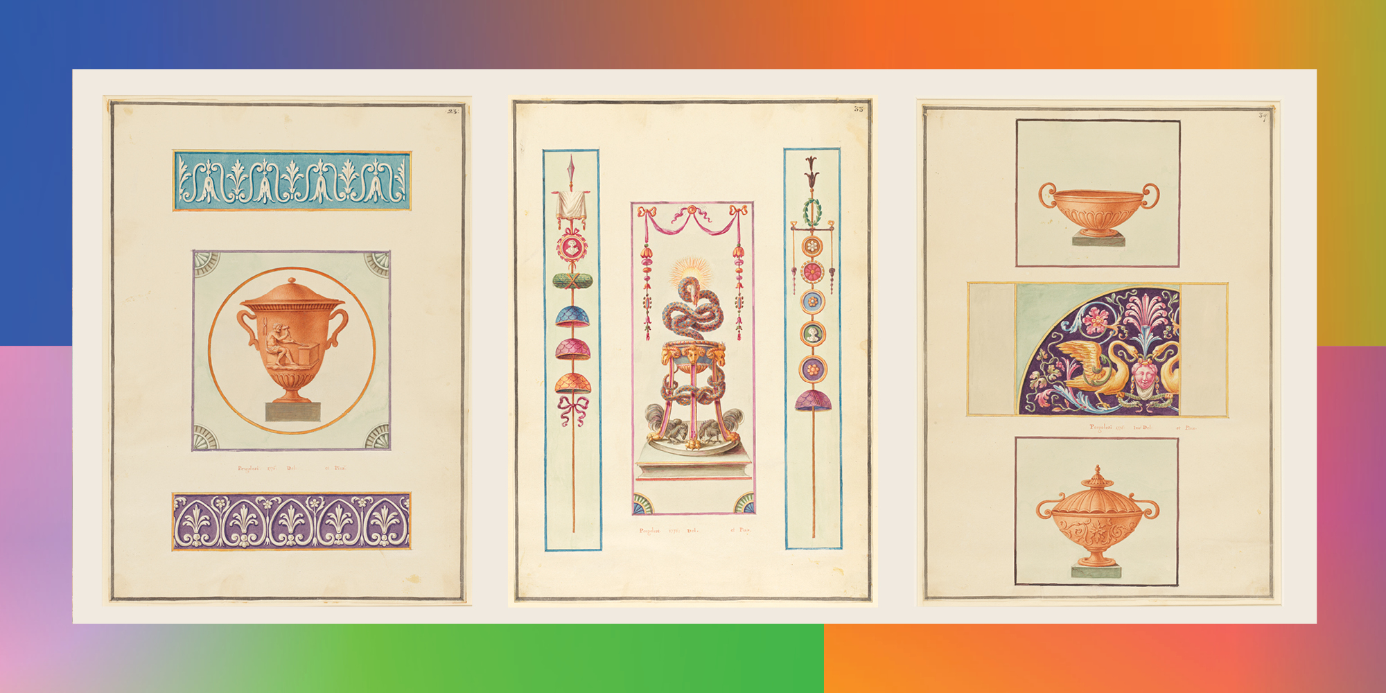 Three vibrantly-colored, Ancient Roman-inspired sketches of ornamental designs against a rainbow gradient background.