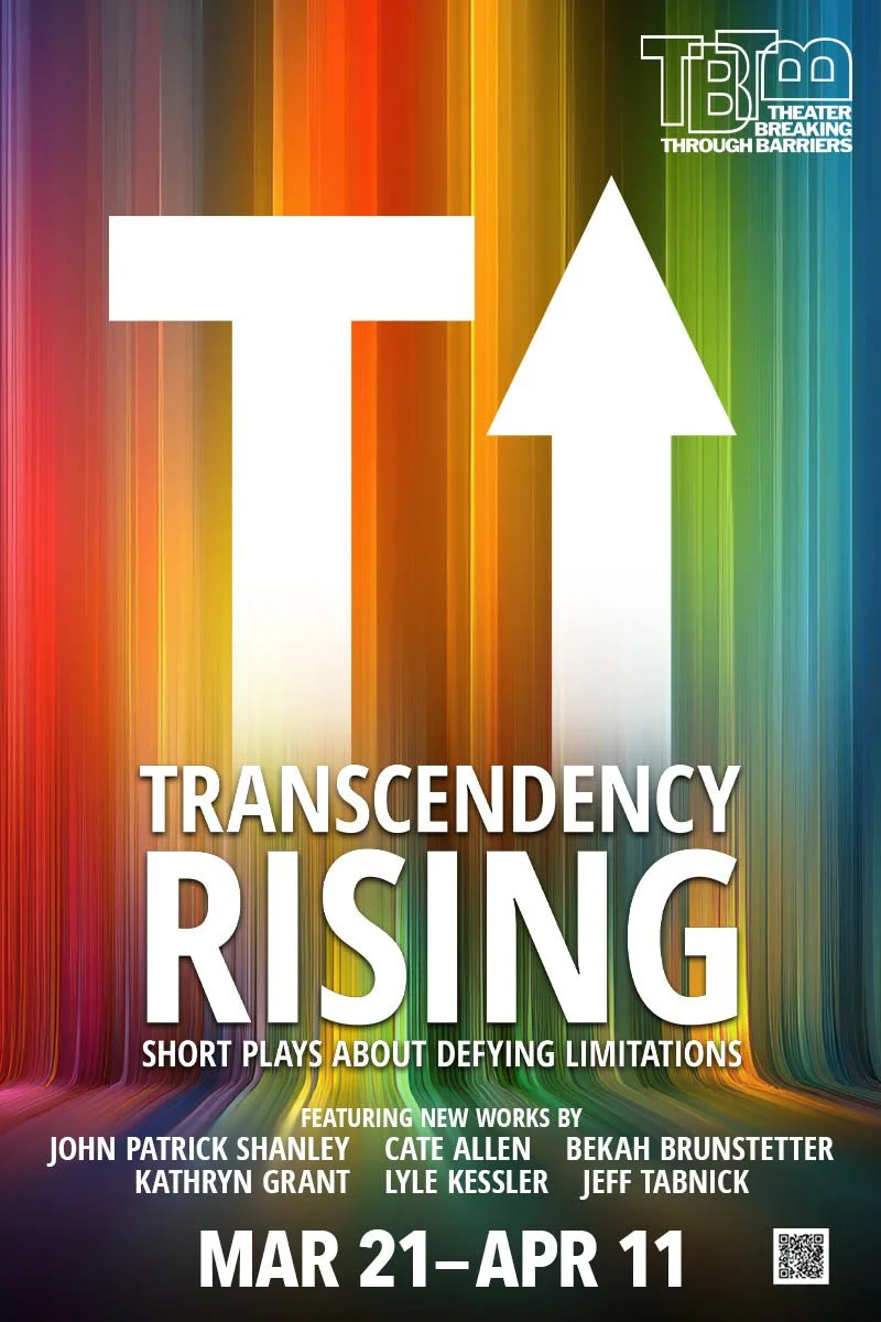 Transcendency Rising poster with a rainbow background, large white T and large white arrow pointing up. Poster includes event information included on this page.