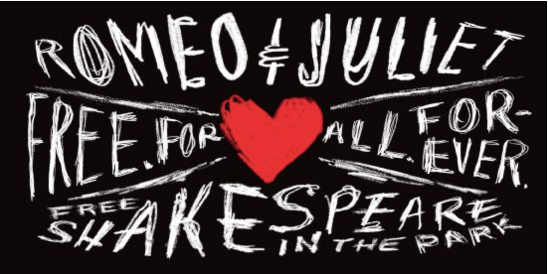 Event title in handwritten font that looks like chalk on a black background. There's a red heard in the center and it says Free for all, forever. Free Shakespeare in the park.